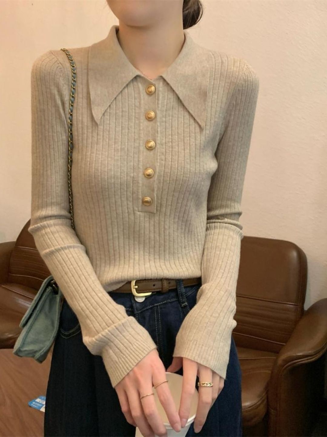 

HERE&NOW Women Shirt Collar Extended Sleeves Top, Beige
