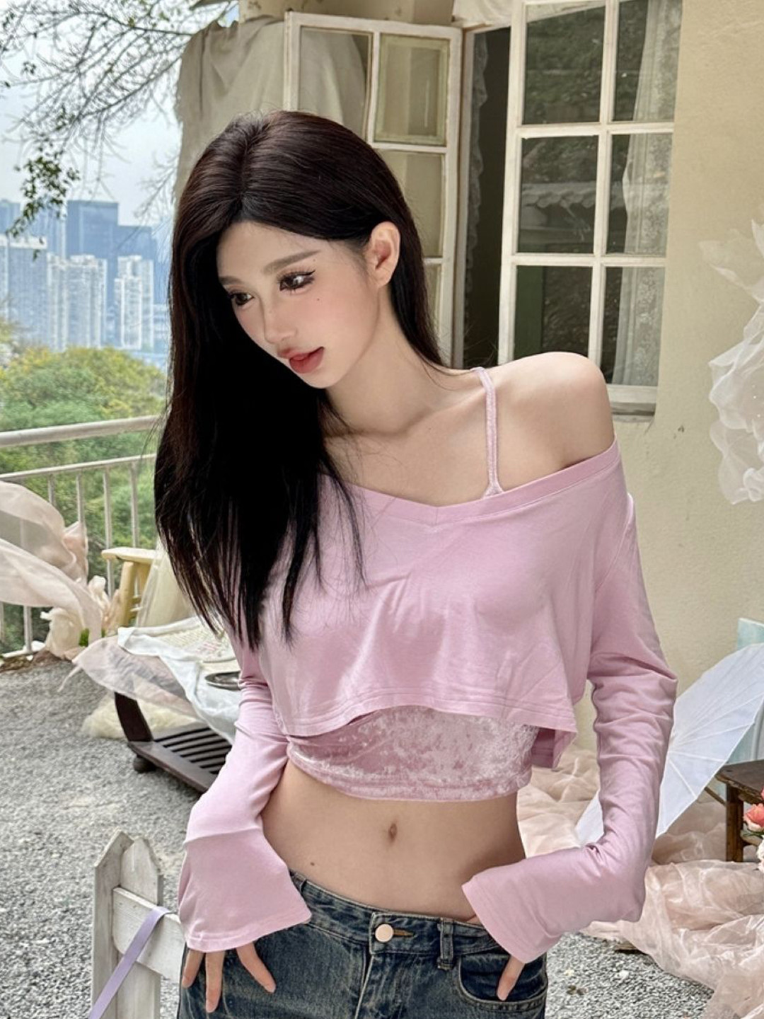 

HERE&NOW Women One Shoulder Bell Sleeve Crop Top, Pink