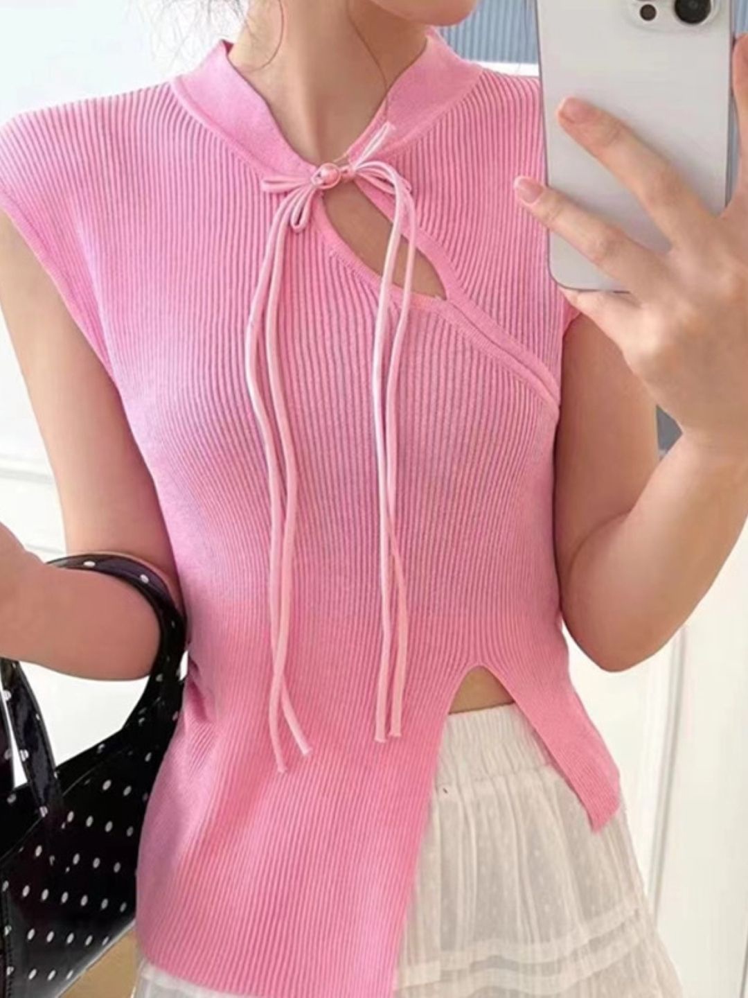 

KPOP Women Striped Keyhole Neck Top, Pink