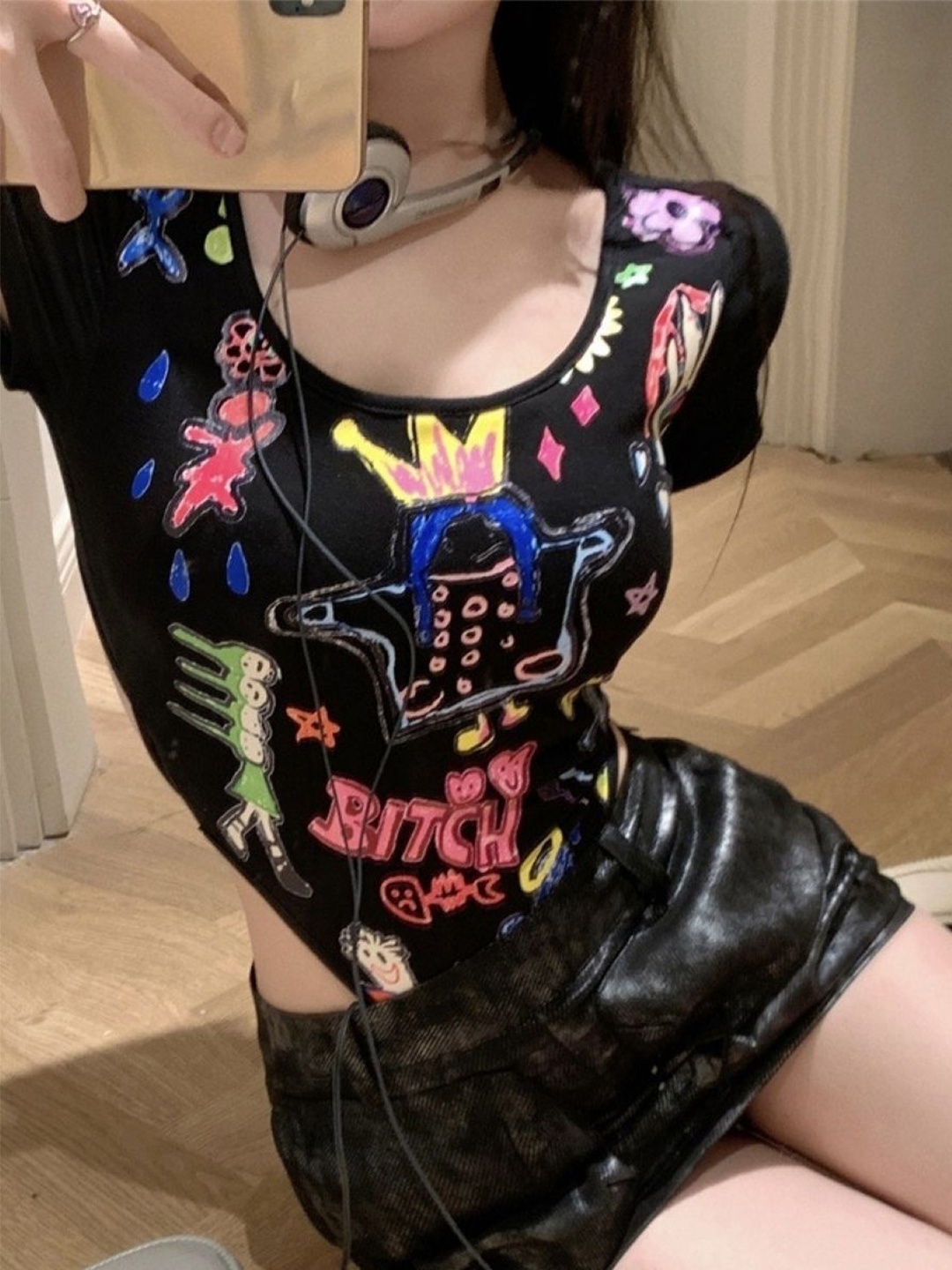

HERE&NOW Printed Scoop Neck Short Sleeves Top, Black