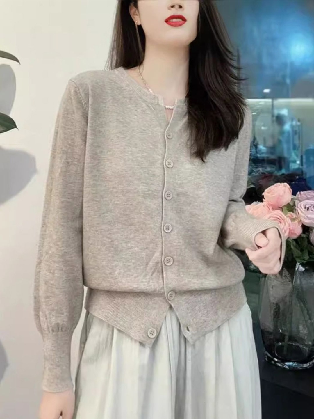 

HERE&NOW Women Round Neck Extended Sleeves Top, Khaki