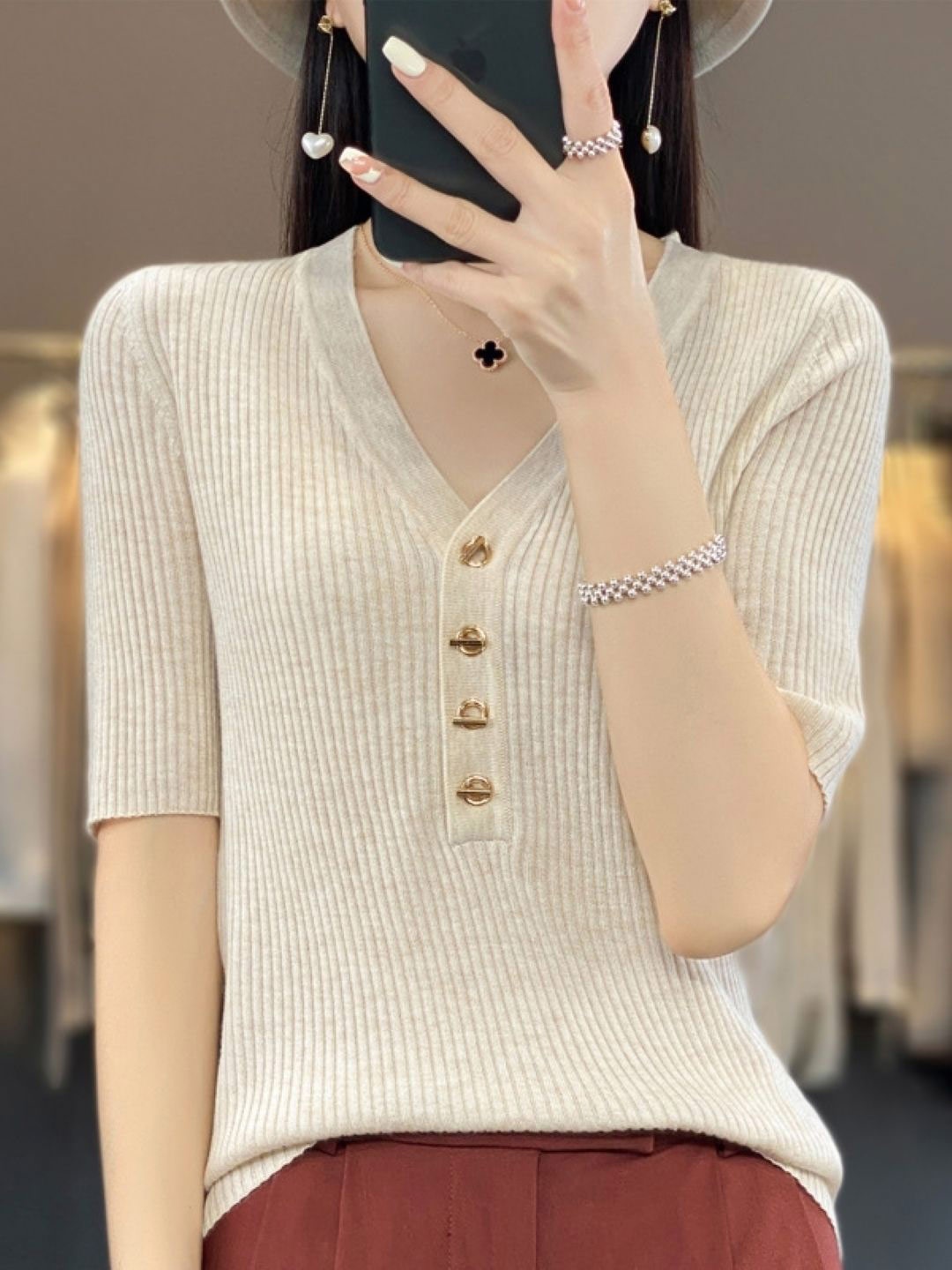 

KPOP Women Short Sleeves Regular Top, Khaki