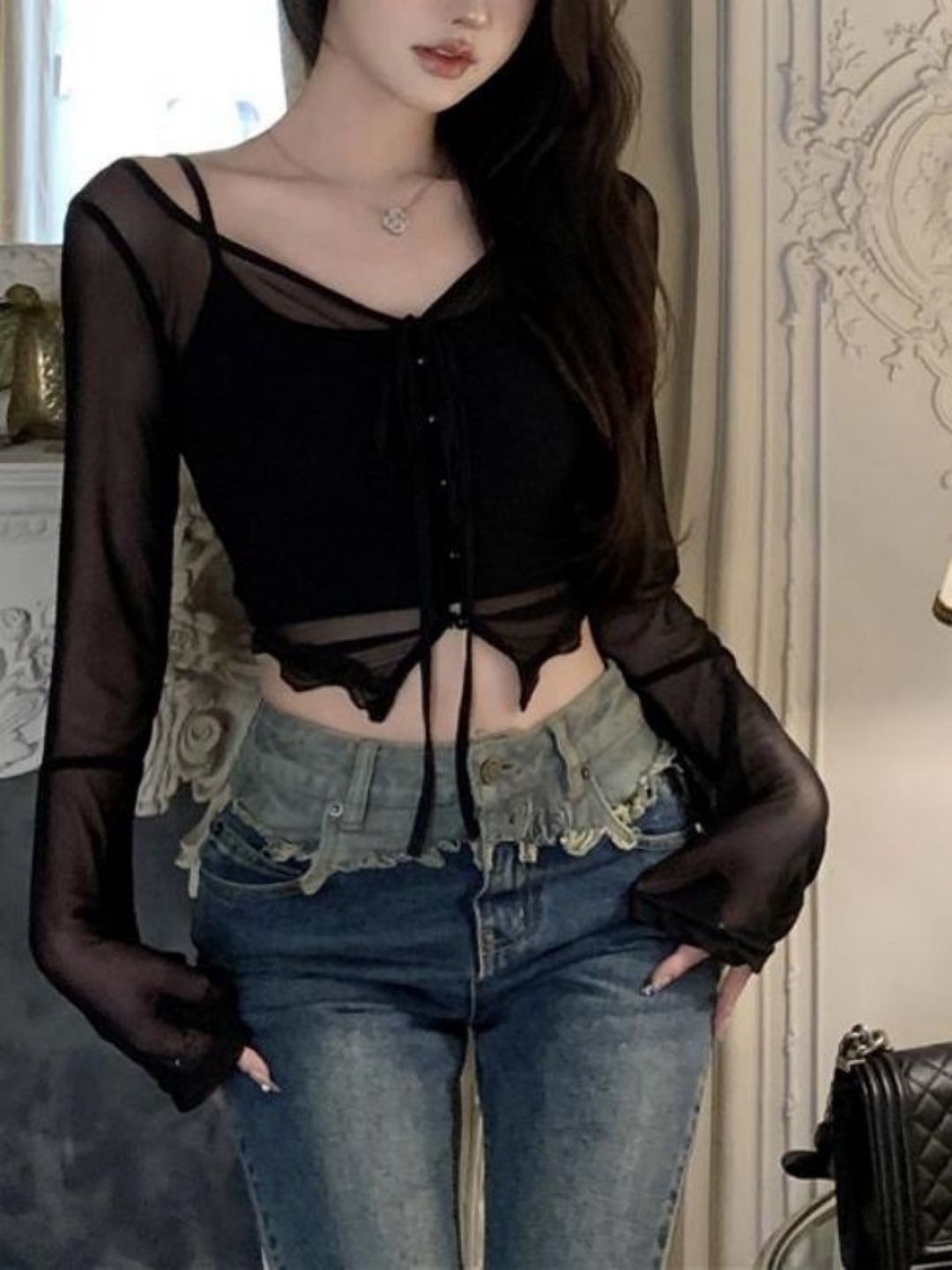 

HERE&NOW V-Neck Long Bell Sleeve Crop Top, Black