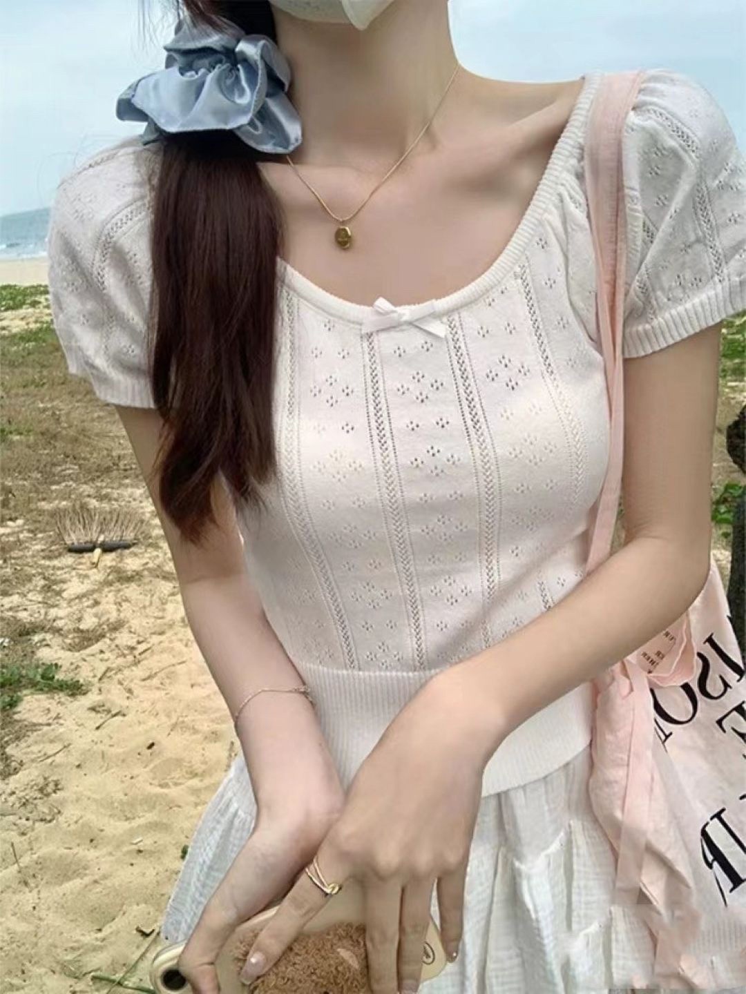 

KPOP Women Round Neck Self Design Top, White