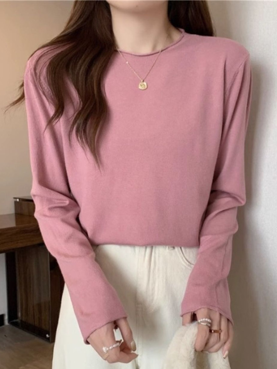 

HERE&NOW Women Round Neck Extended Sleeves Top, Pink