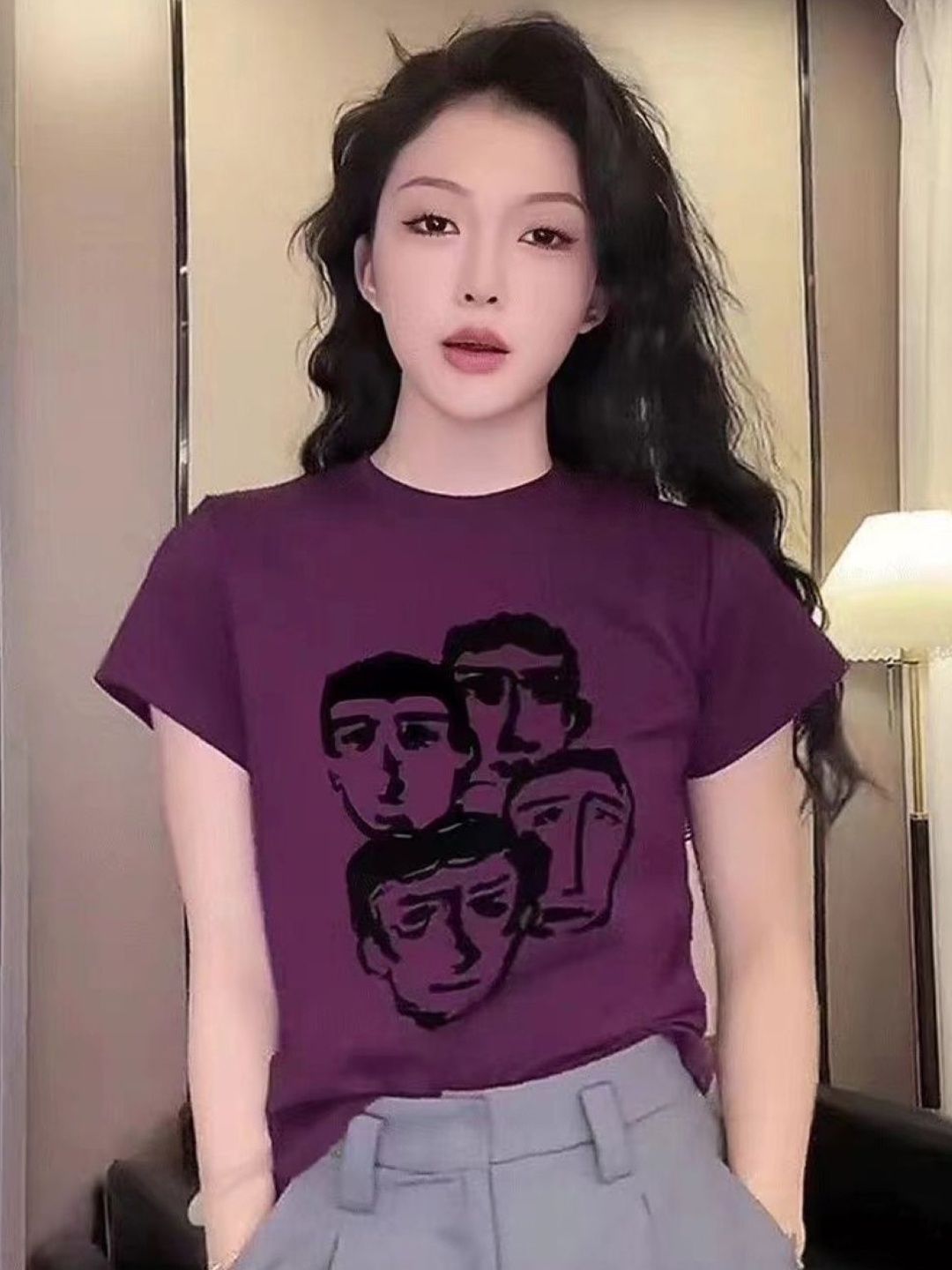 

KPOP Women Graphic Printed Round Neck Top, Purple