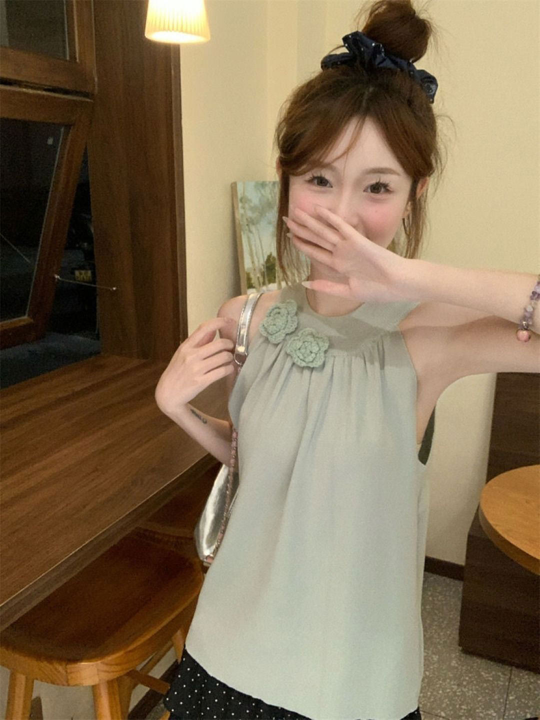 

KPOP Women Round Neck Sleeveless Top, Green