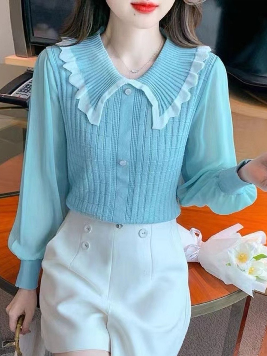 

KPOP Women Peter Pan Collar Cuffed Sleeves Top, Blue