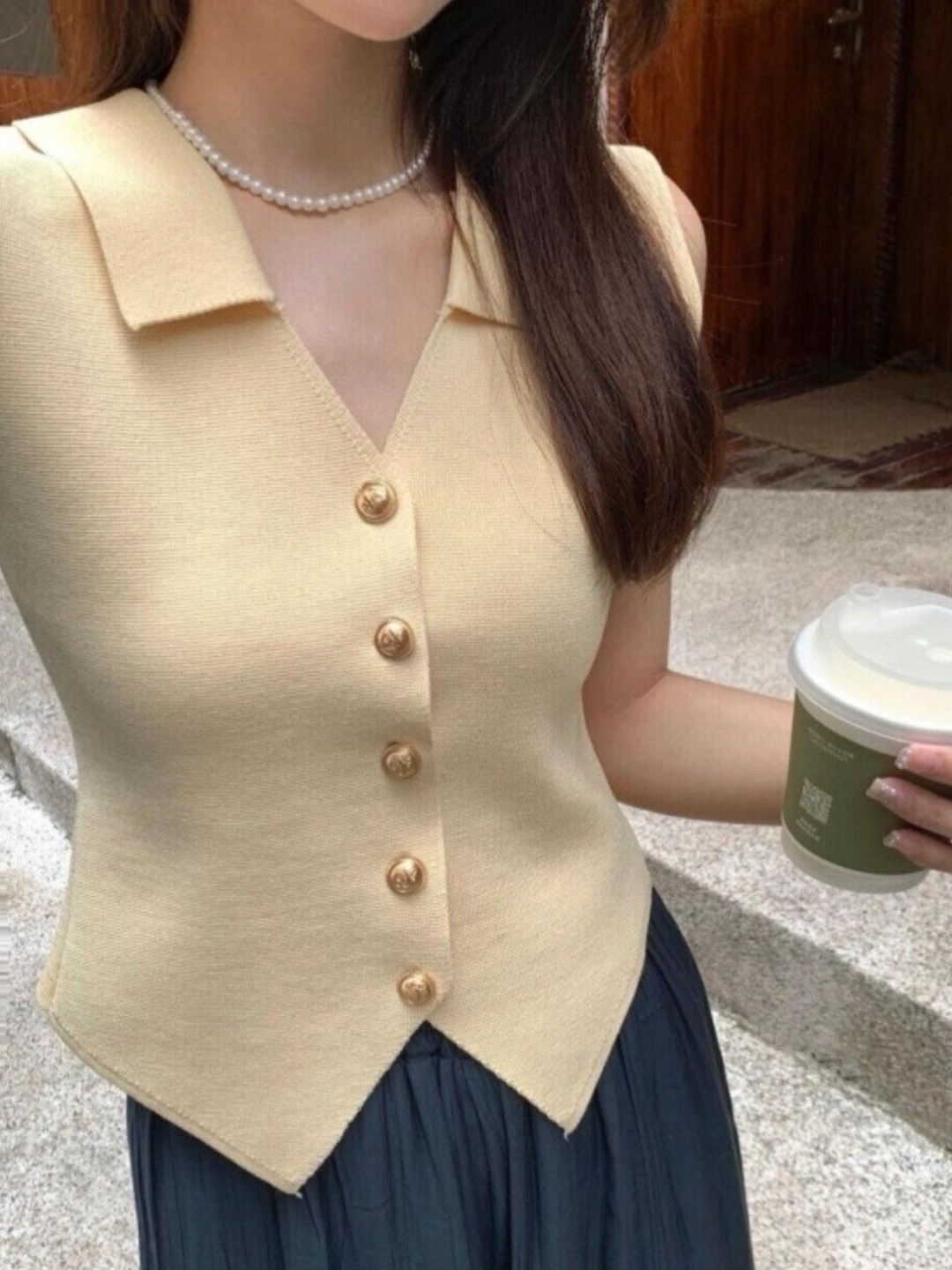 

KPOP Women Shirt Collar Sleeveless Top, Khaki