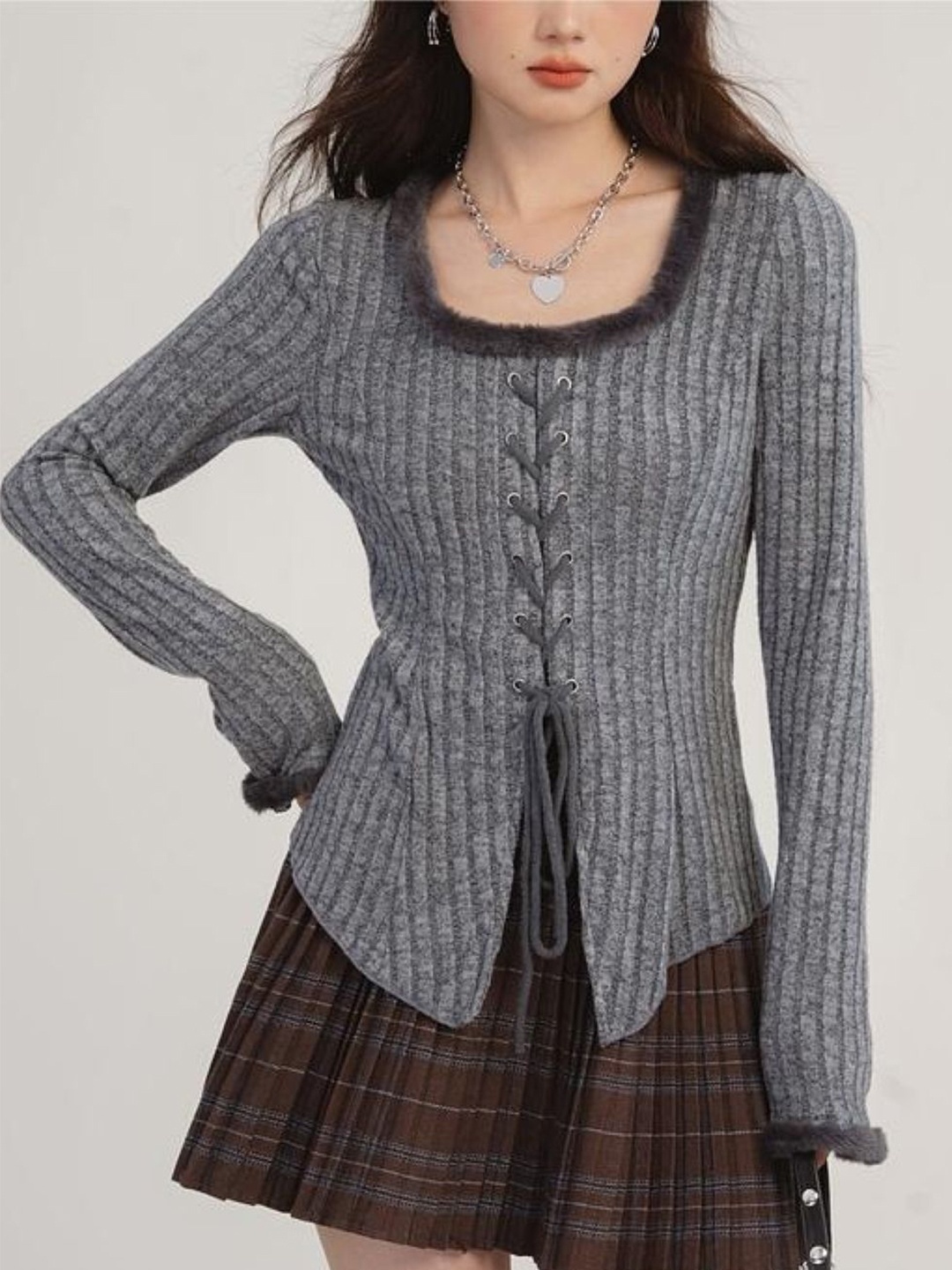

HERE&NOW Women Cotton Round Neck Extended Sleeves Cotton Top, Grey