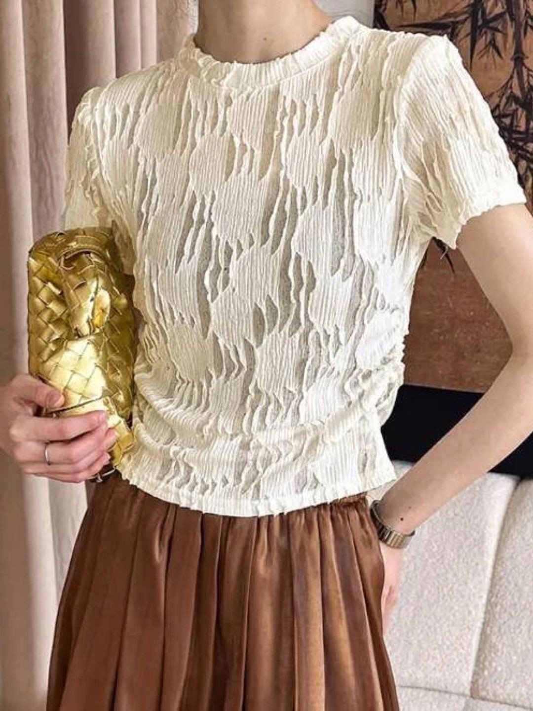 

KPOP Women Round Neck Short Sleeves Top, Cream