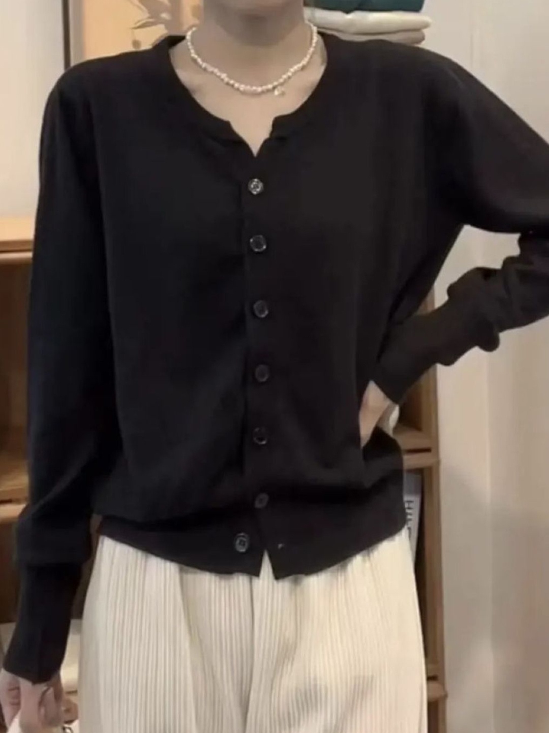 

HERE&NOW Women Round Neck Extended Sleeves Top, Black