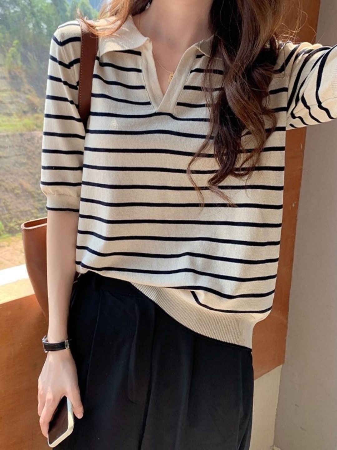 

HERE&NOW Women Striped Shirt Collar Top, Cream