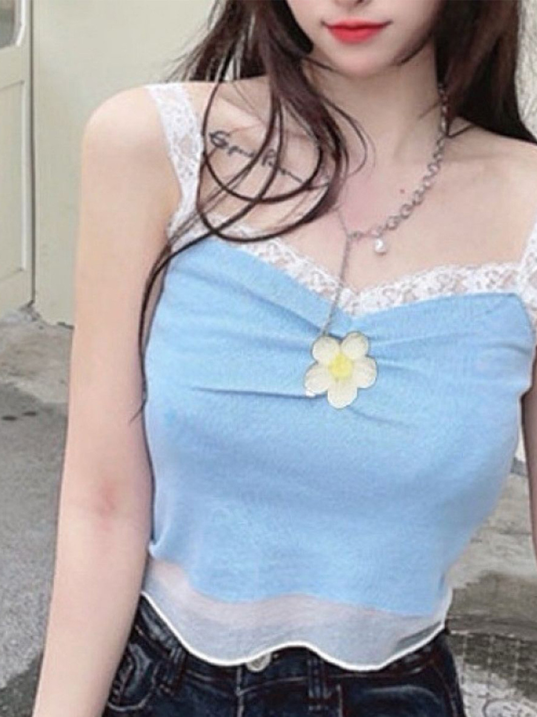 

KPOP Women Lace-Up Crop Regular Top, Blue