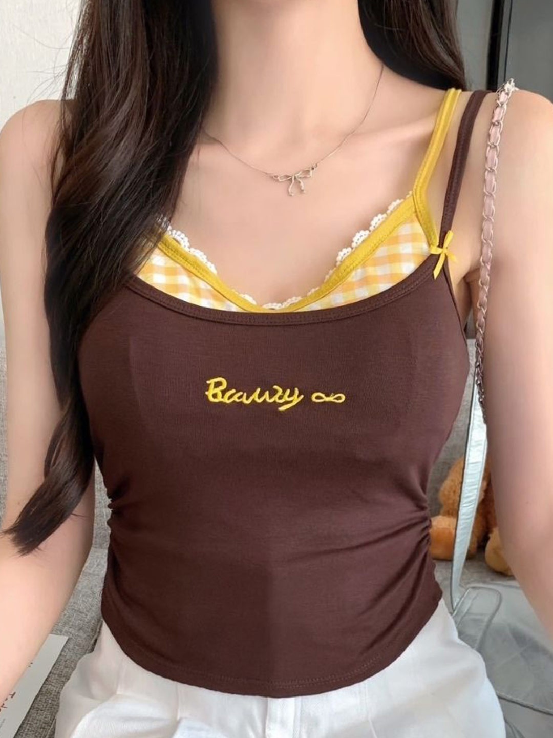

KPOP Women Typography Printed Regular Top, Brown