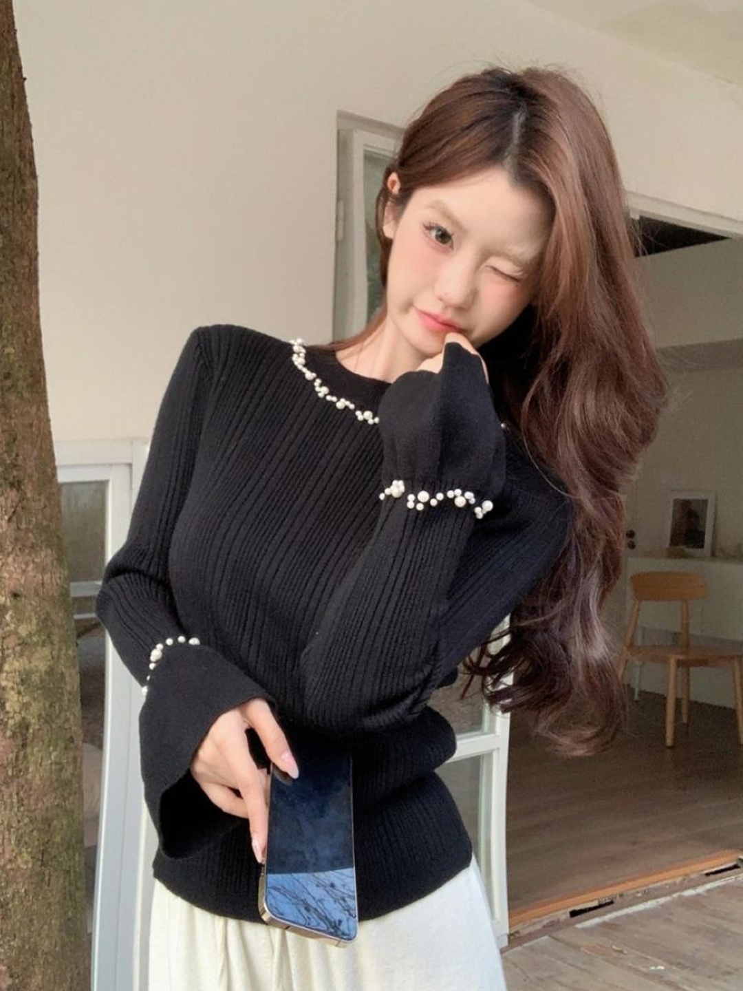 

HERE&NOW Women Extended Sleeves Round Neck Regular Top, Black