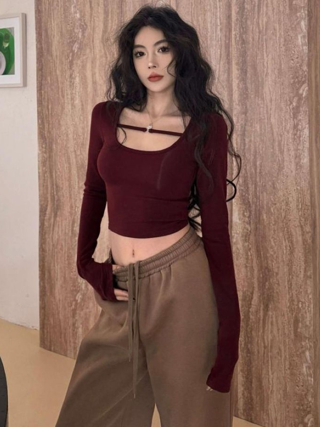 

HERE&NOW Women Extended Sleeves Crop Top, Red