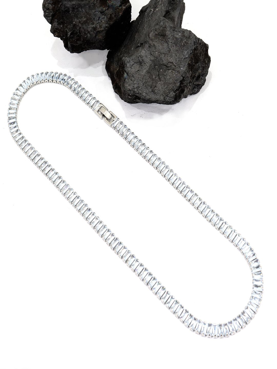 

KRENOZ Men Stainless Steel Silver-Plated Stone-Studded Chain