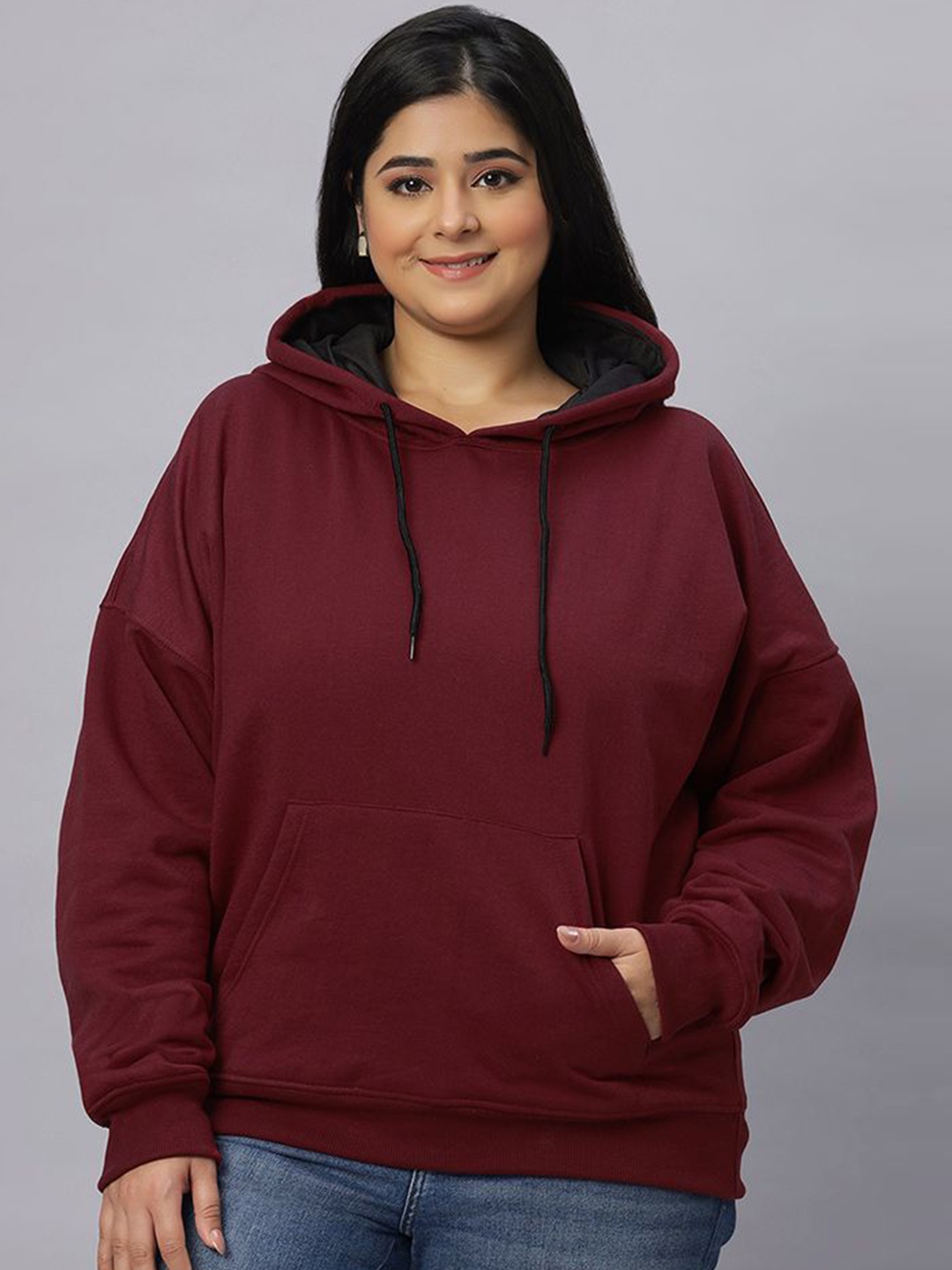 

Wear Your Opinion Women Plus Size Drop Shoulder Kangaroo Pocket Hooded Sweatshirt, Maroon