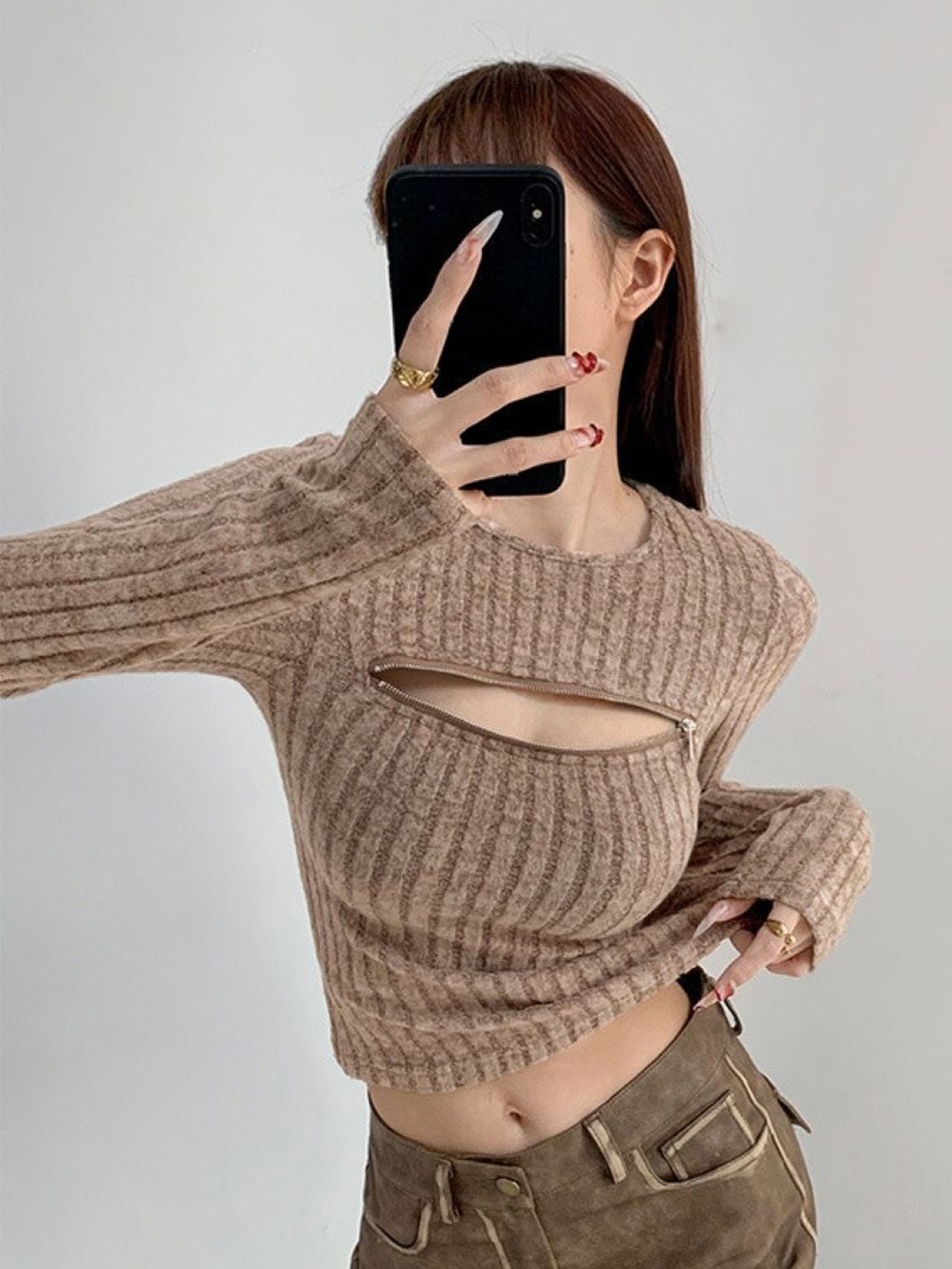 

HERE&NOW Women Extended Sleeves Top, Brown