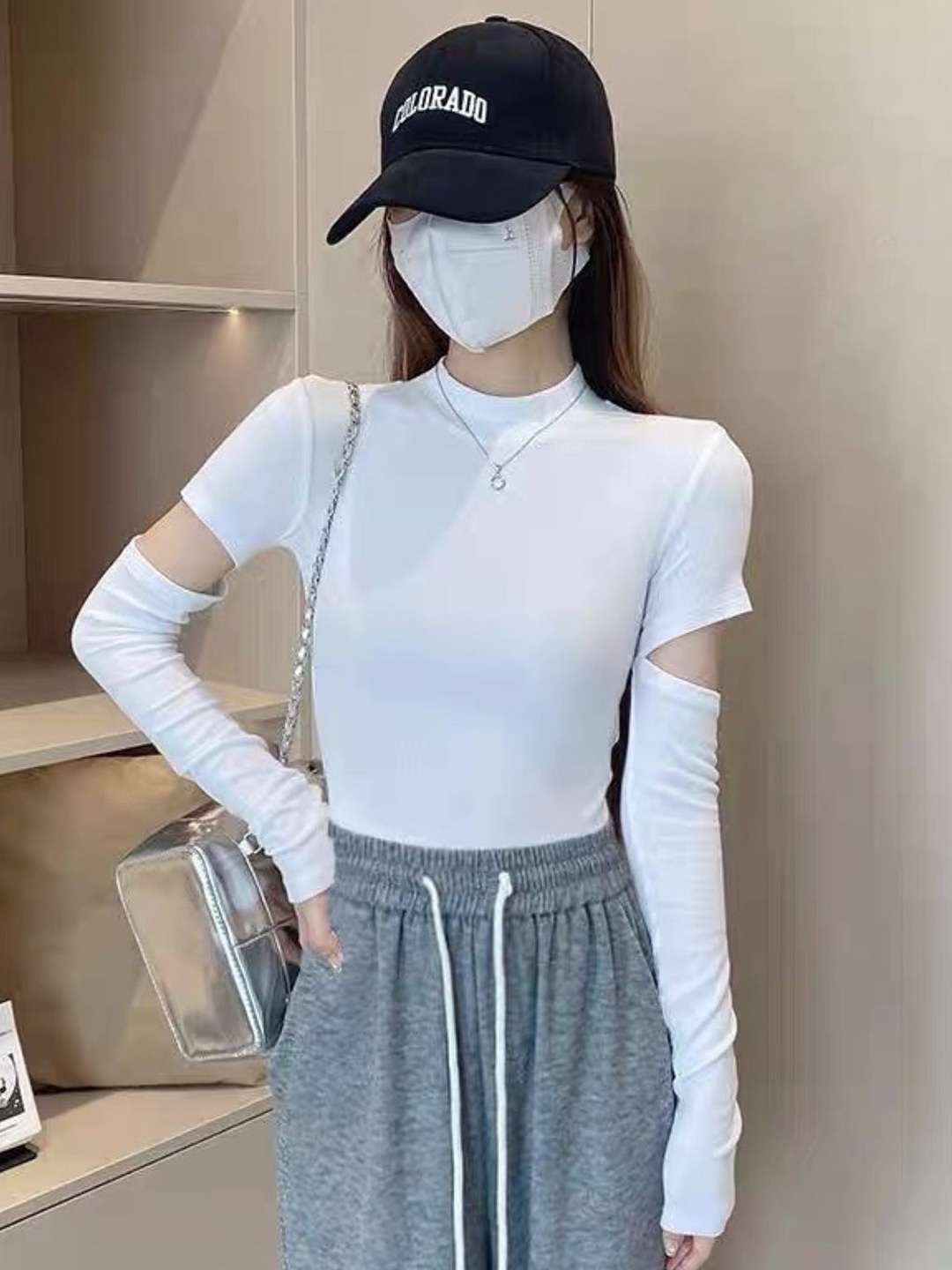 

HERE&NOW Women Mandarin Collar Extended Sleeves Top, White
