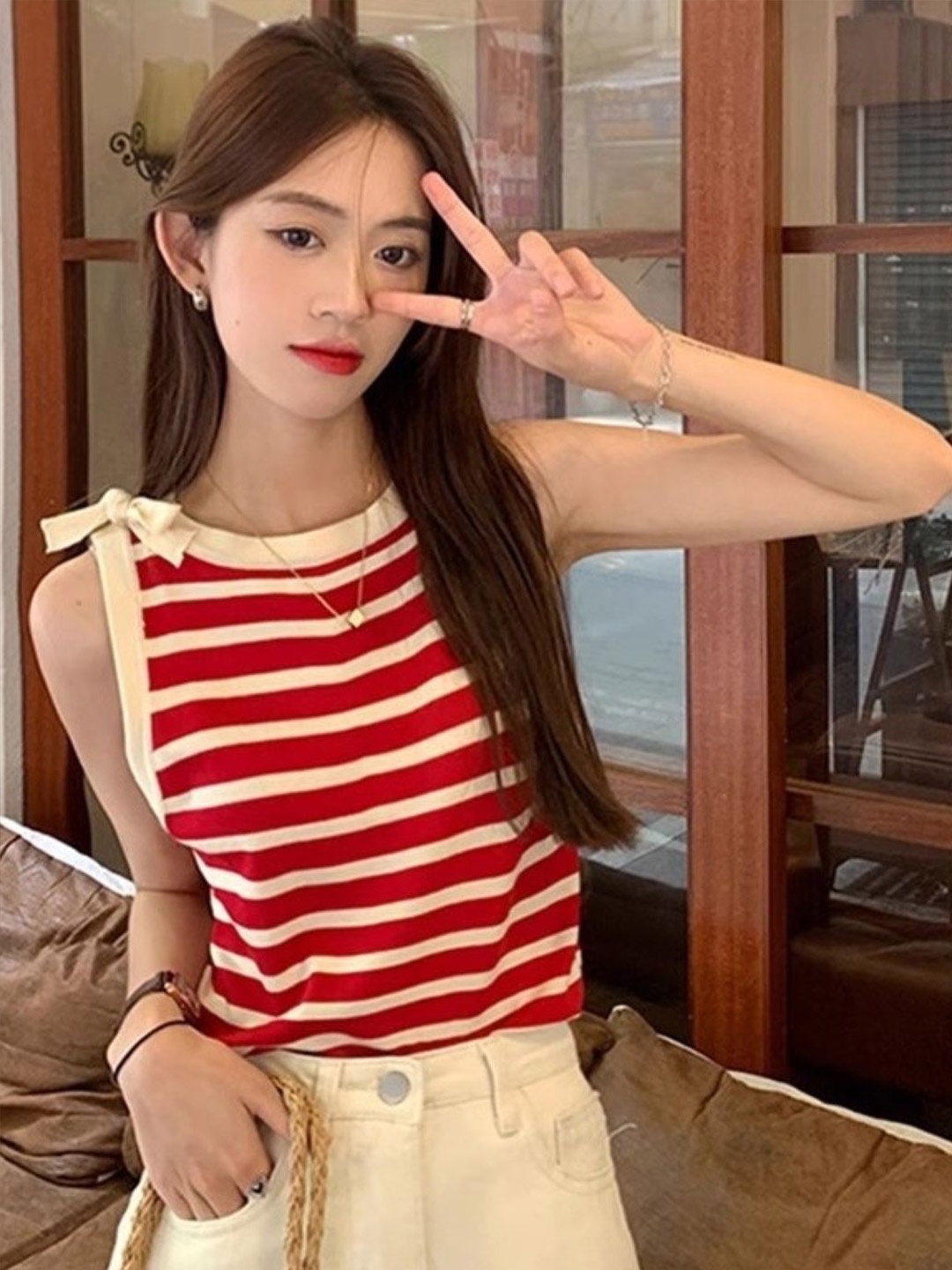

HERE&NOW Round Neck Sleeveless Striped Top, Red
