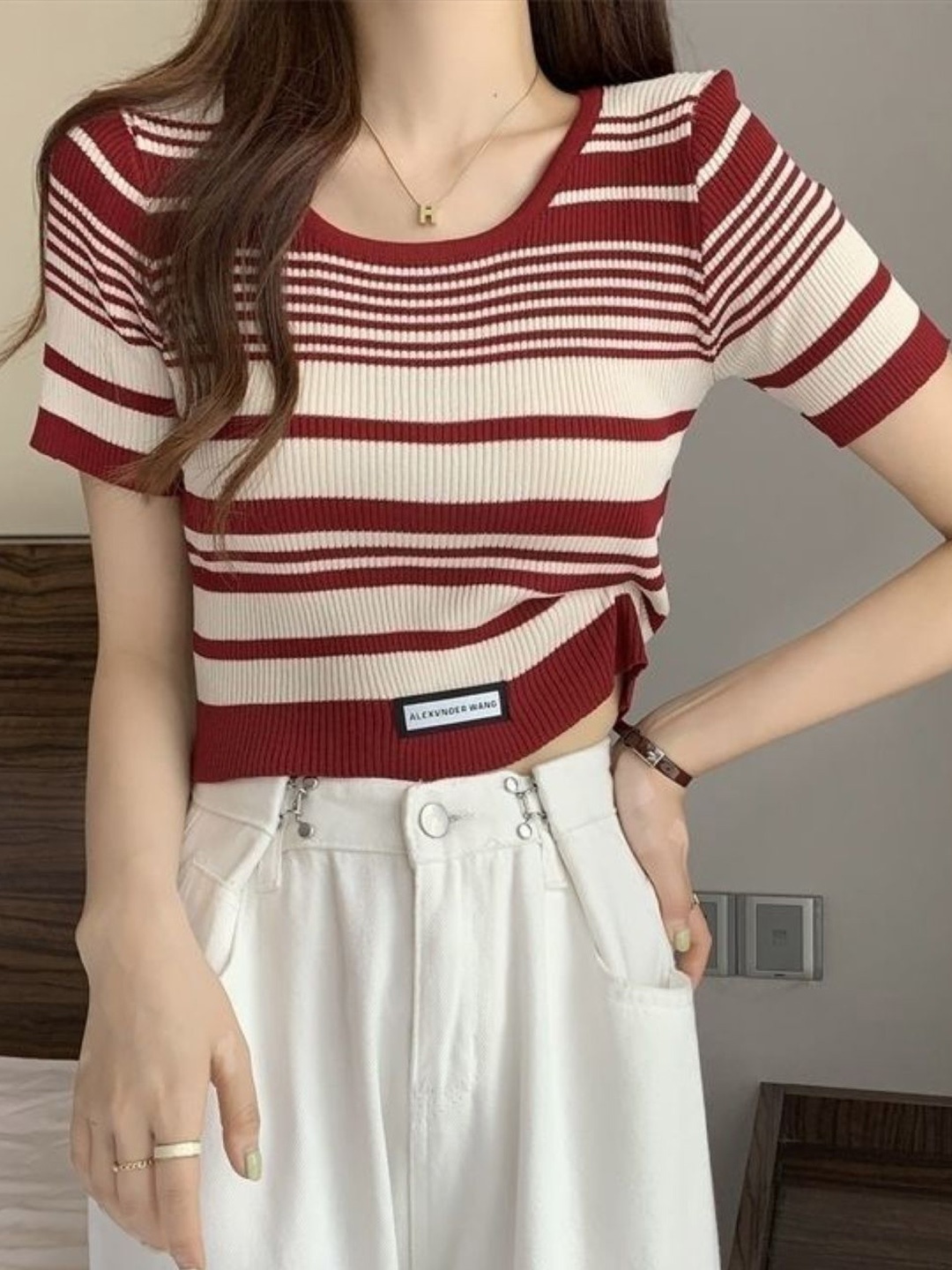 

HERE&NOW Women Round Neck Short Sleeves Horizontal Stripes Top, Brown