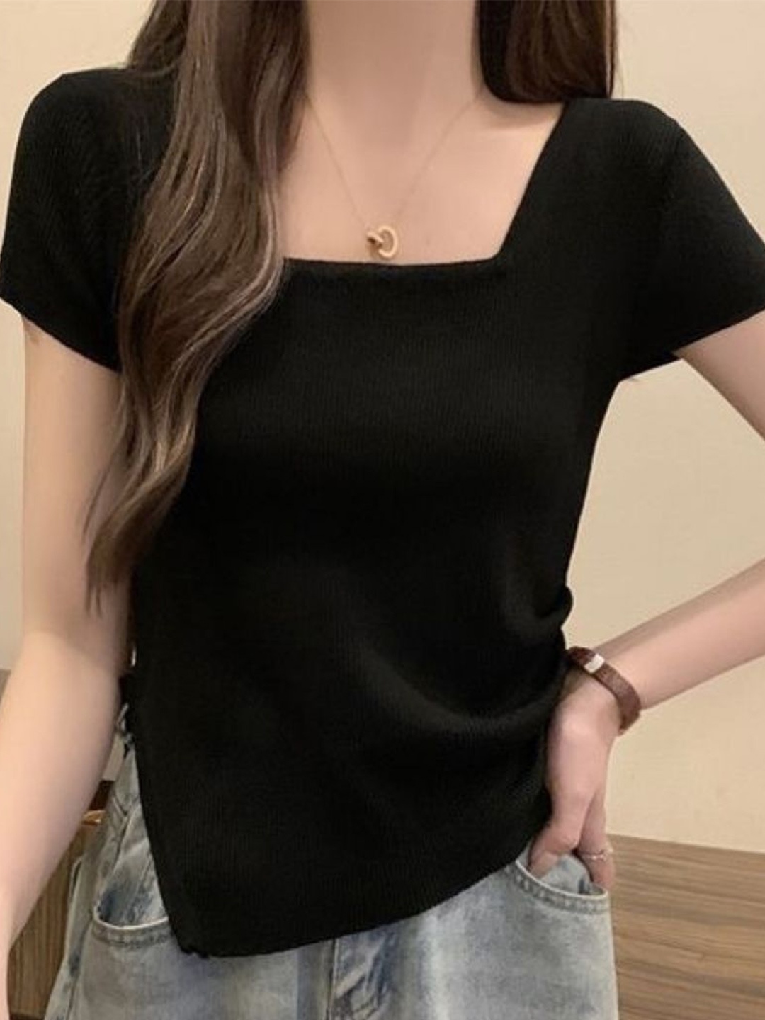 

KPOP Women Square Neck Short Sleeves Top, Black