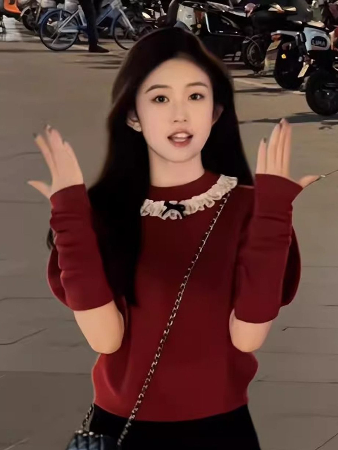 

KPOP Women Round Neck Long Sleeves Solid Top, Red