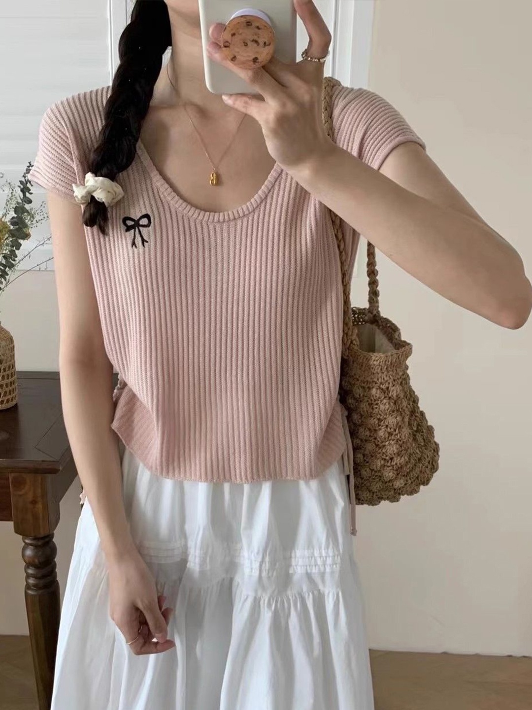 

KPOP Women Scoop Neck Striped Top, Pink