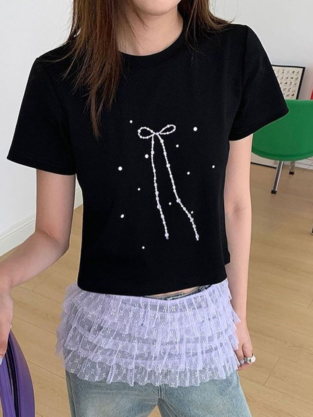 

KPOP Women Round Neck Short Sleeves Graphic Printed Top, Black
