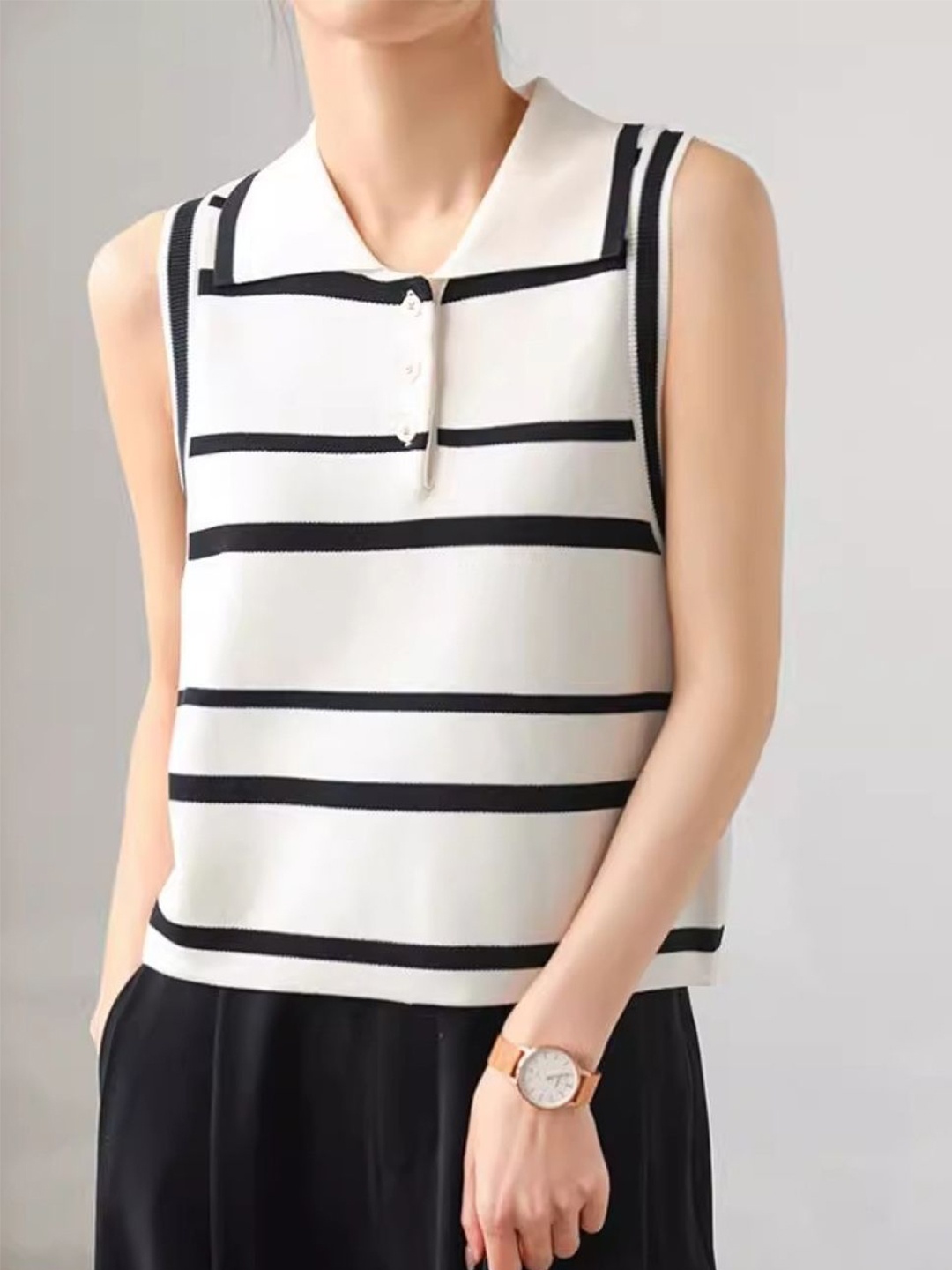 

KPOP Women Shirt Collar Striped Top, White