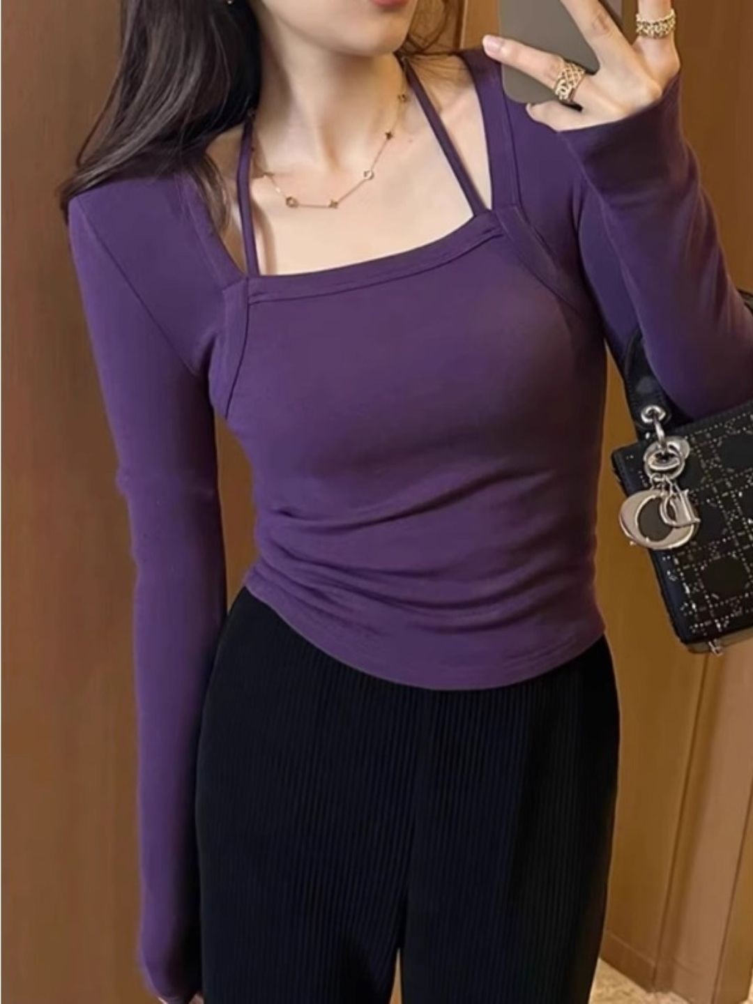

HERE&NOW Women Square Neck Extended Sleeves Top, Purple