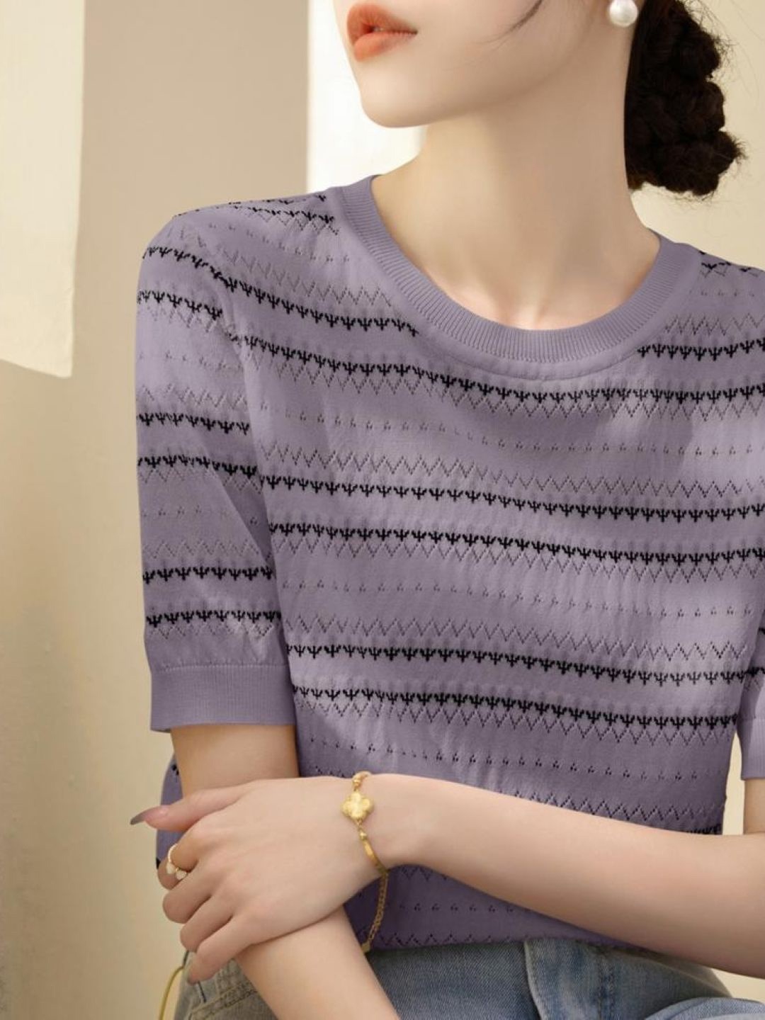 

KPOP Women Casual Round Neck Short Sleeves Striped Top, Purple