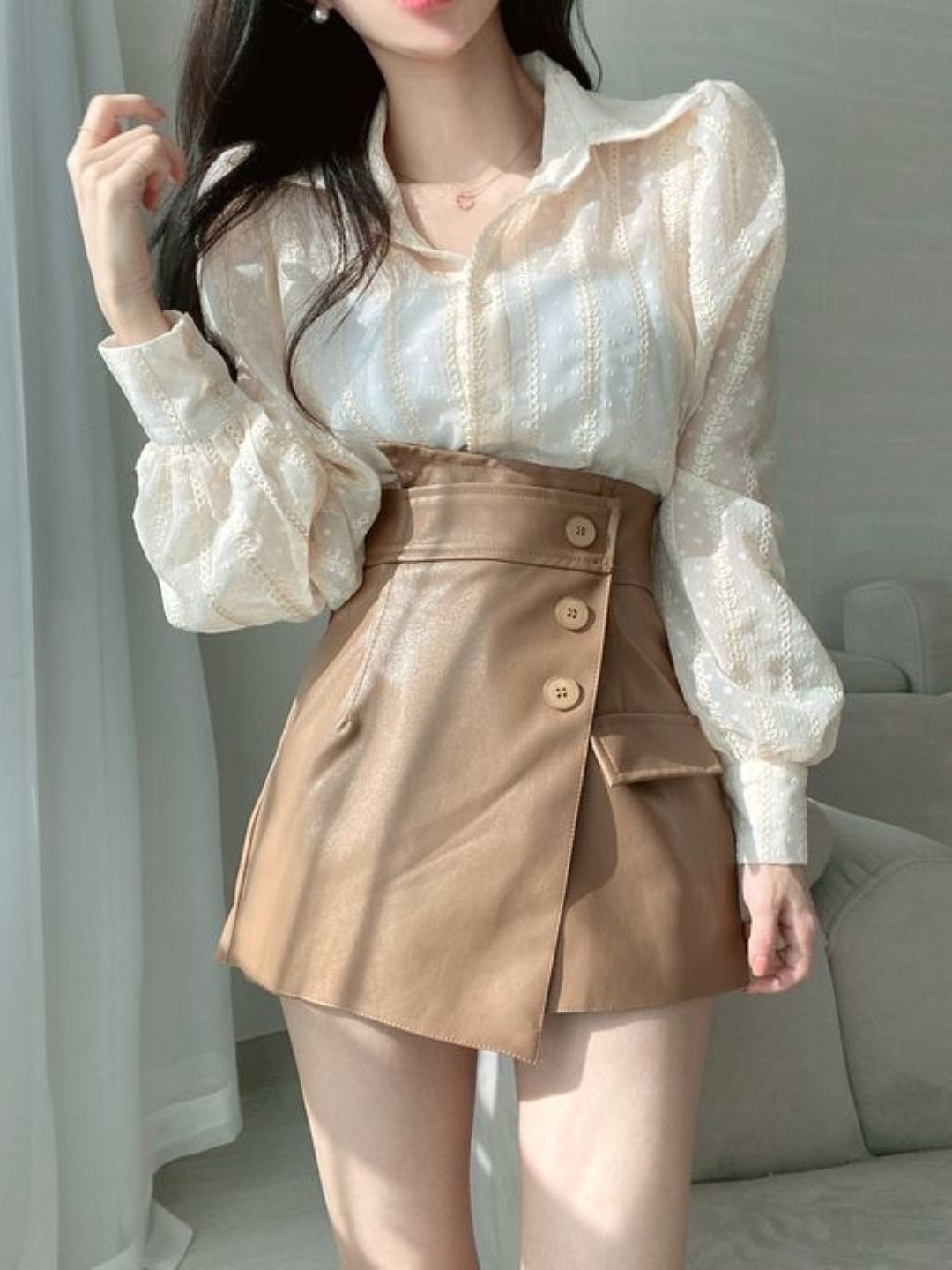 

HERE&NOW Women Self Design Puff Sleeve Shirt Style Top, Cream