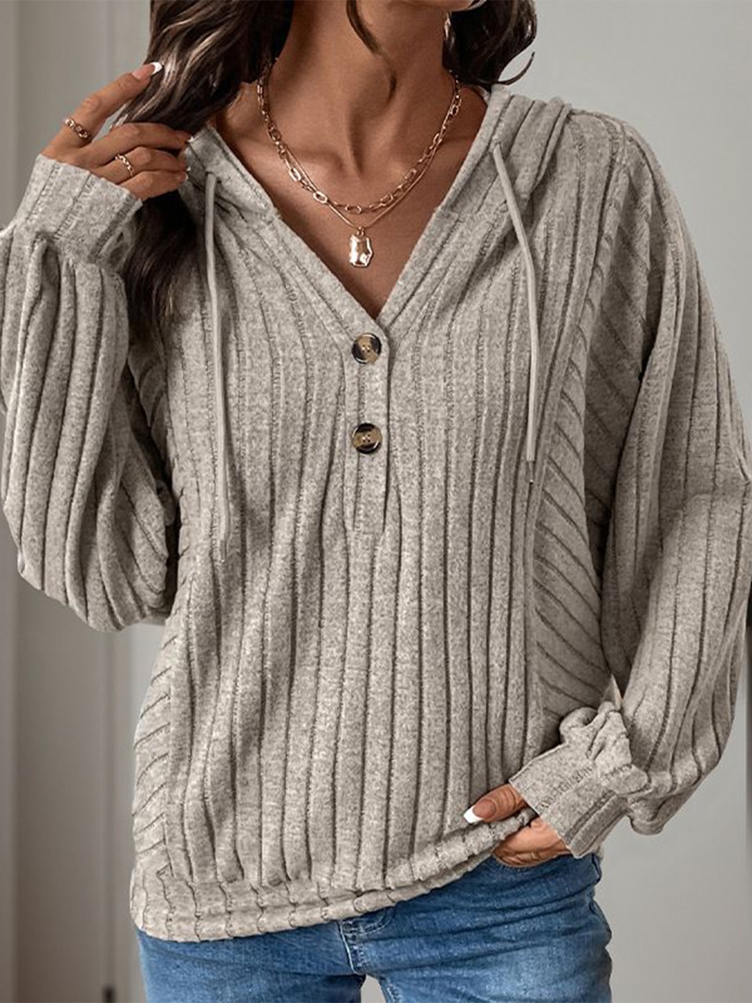

StyleCast Women Striped V-neck Hooded Long Sleeves Pullover Sweatshirt, Grey