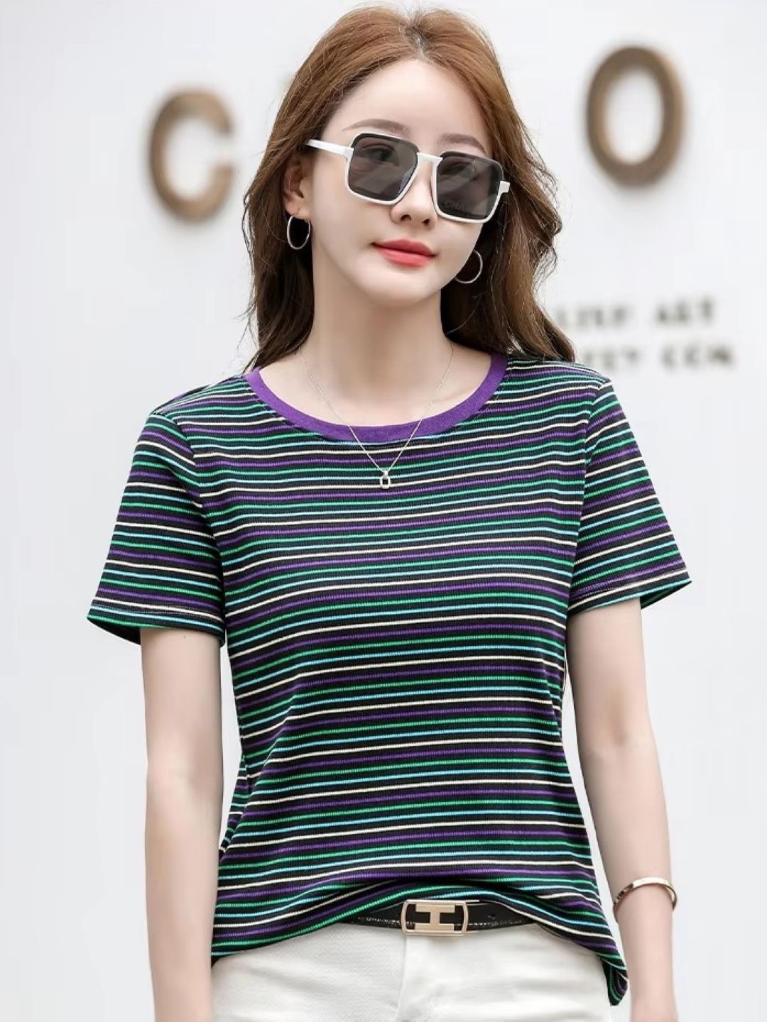 

KPOP Women Striped Round Neck Top, Green