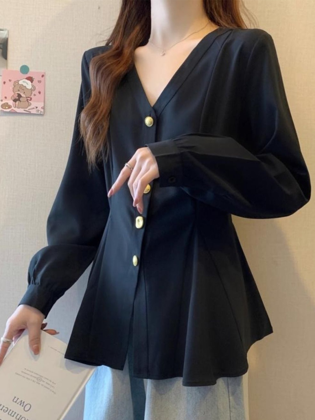 

HERE&NOW Women V-Neck Long Sleeves Top, Black