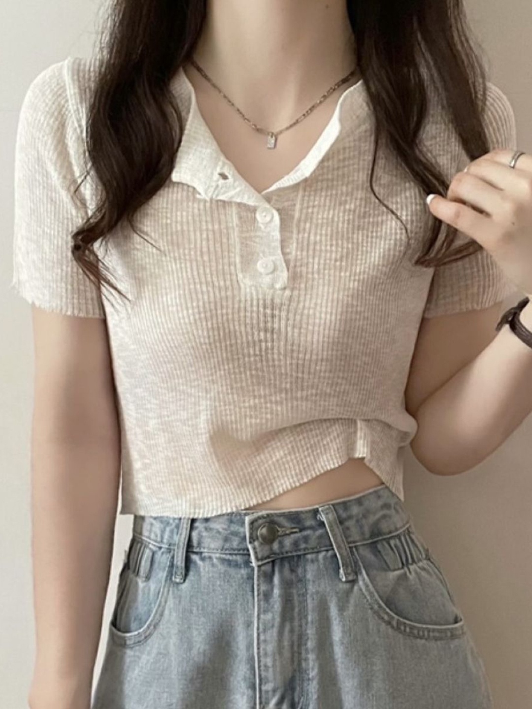 

HERE&NOW Women Shirt Collar Striped Top, White