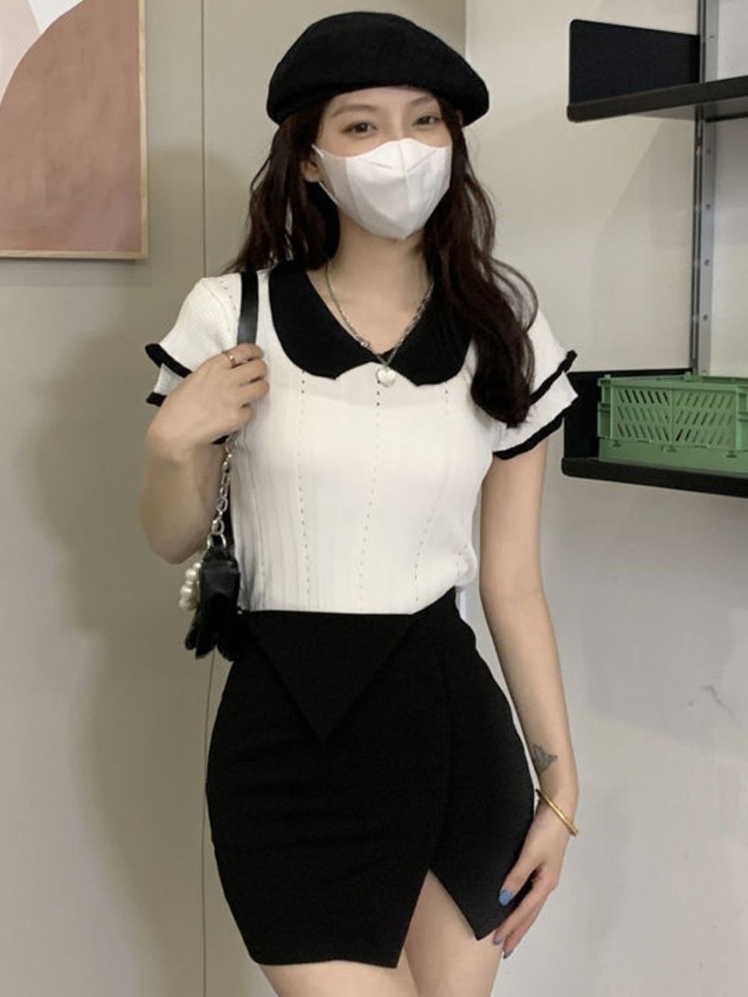 

KPOP Women Self Design Peter Pan Collar Short Sleeves Top, White