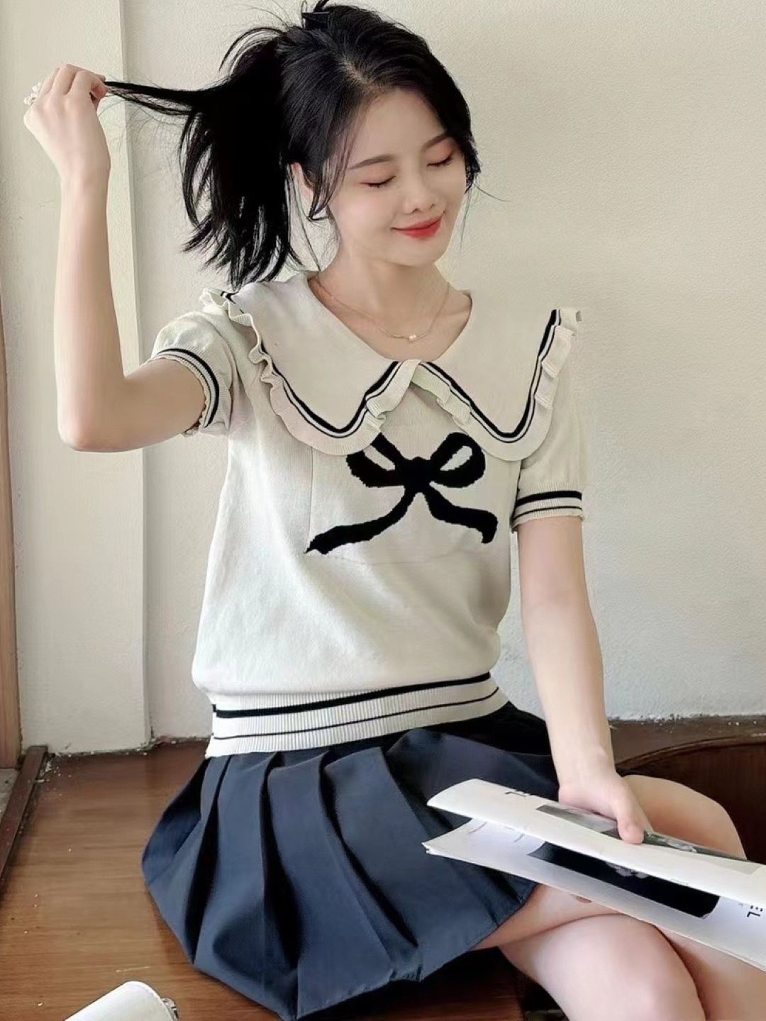 

KPOP Peter Pan Collar Regular Top, White
