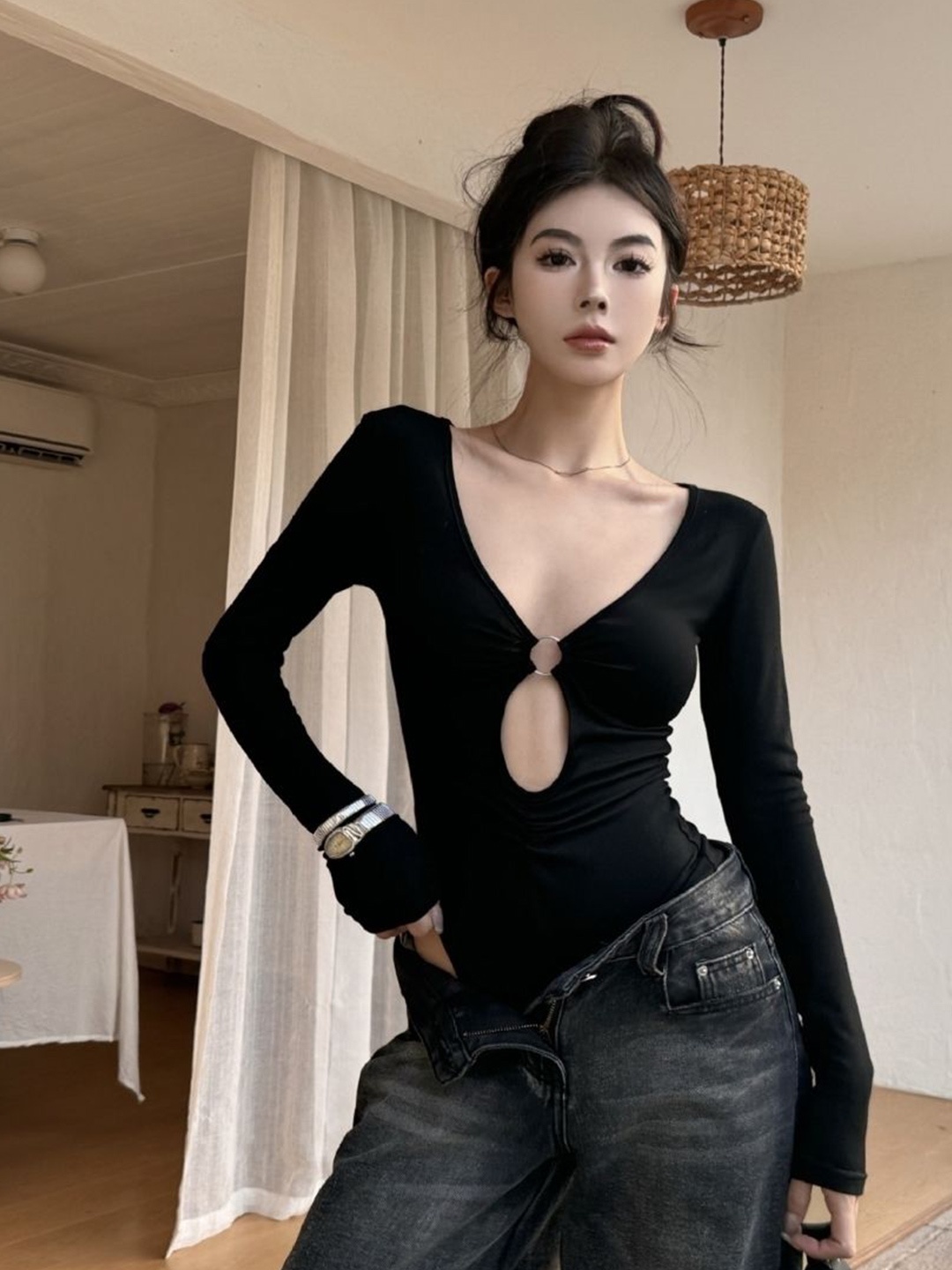 

HERE&NOW Women Scoop Neck Extended Sleeves Regular Top, Black