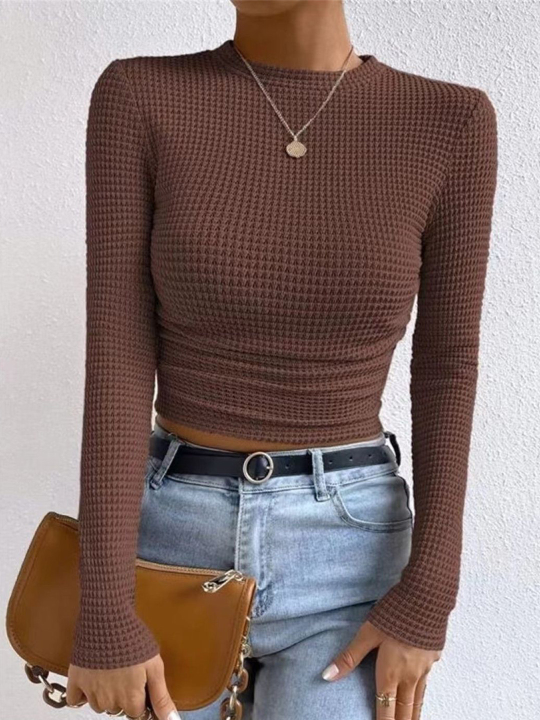 

KPOP Women Round Neck Extended Sleeves Crop Top, Brown