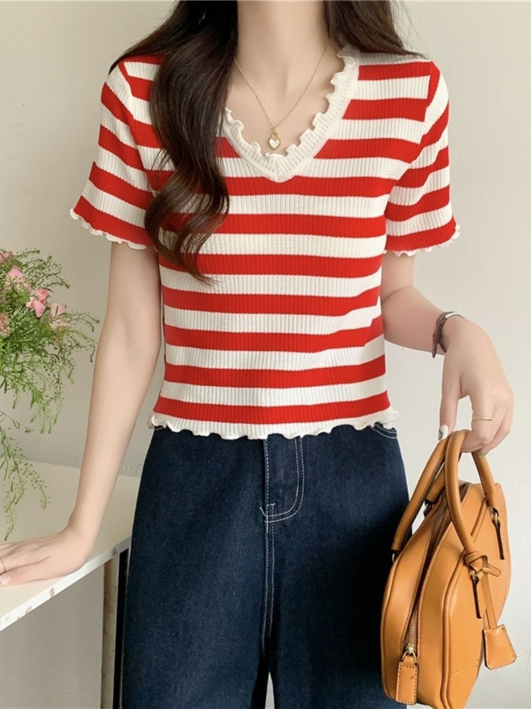 

HERE&NOW Women V-Neck Striped Top, Red