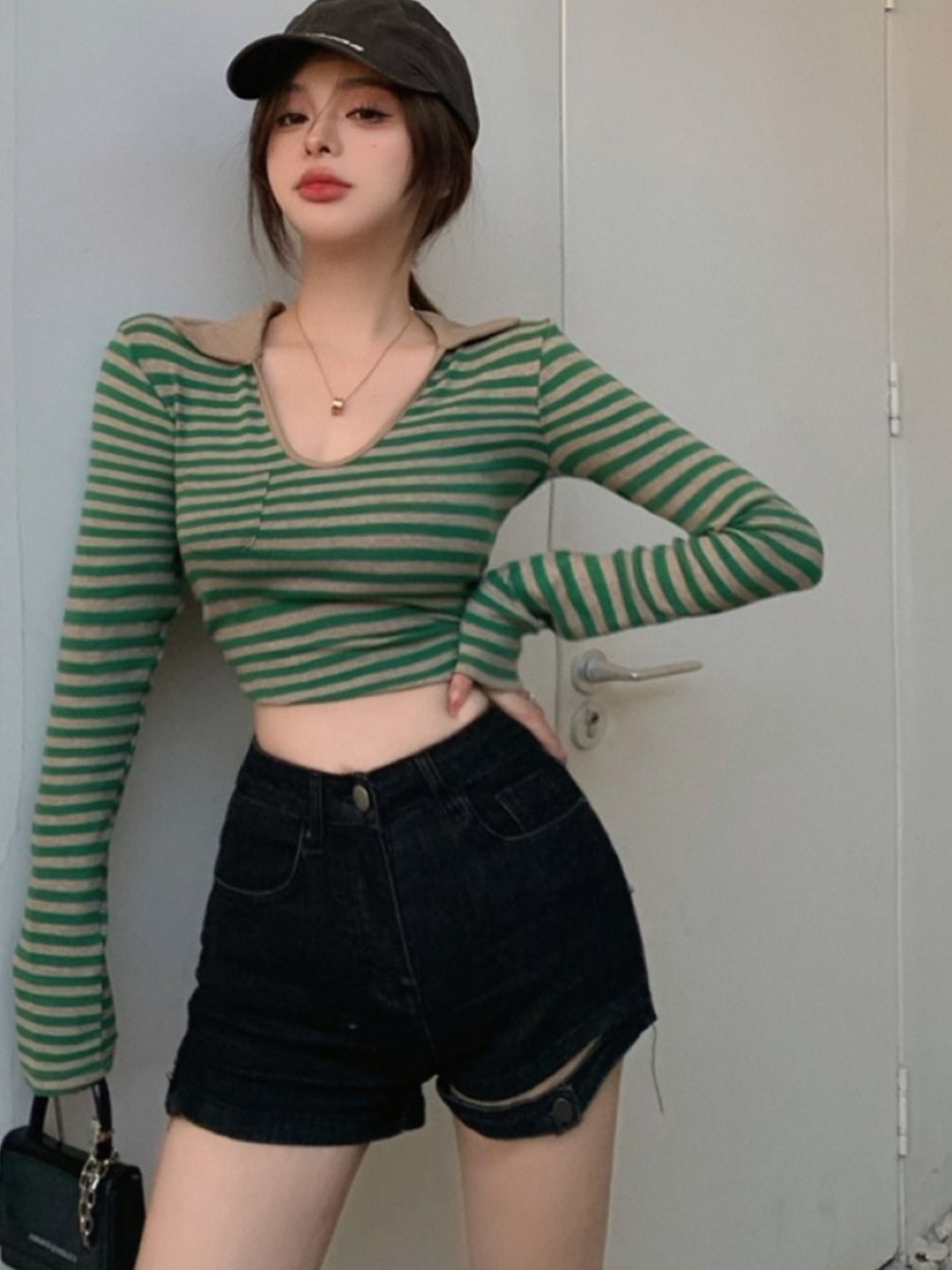 

HERE&NOW Women Striped V-Neck Extended Sleeves Crop Top, Green