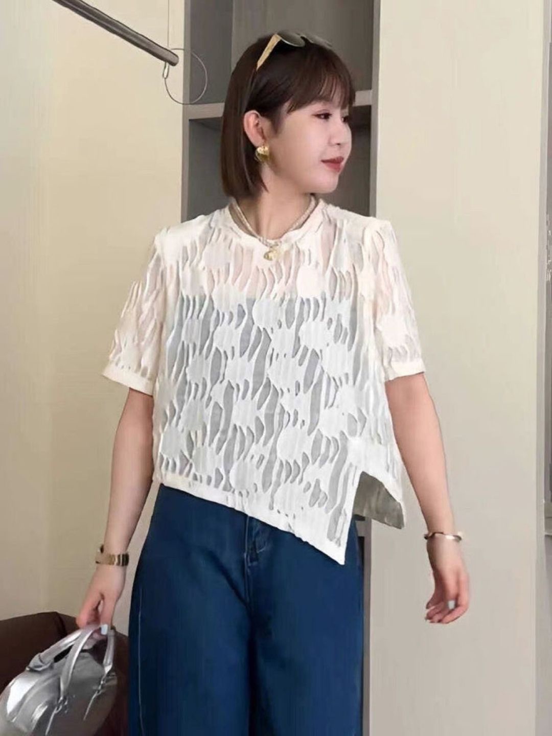 

KPOP Women Self Design Round Neck Short Sleeves Top, White