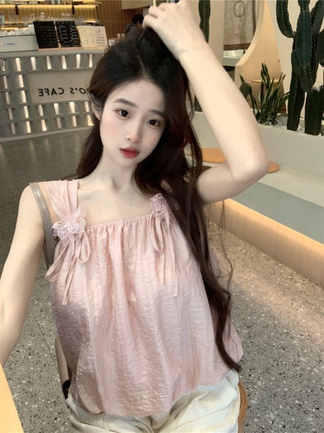 

KPOP Women Shoulder Straps Sleeveless Solid Top, Pink