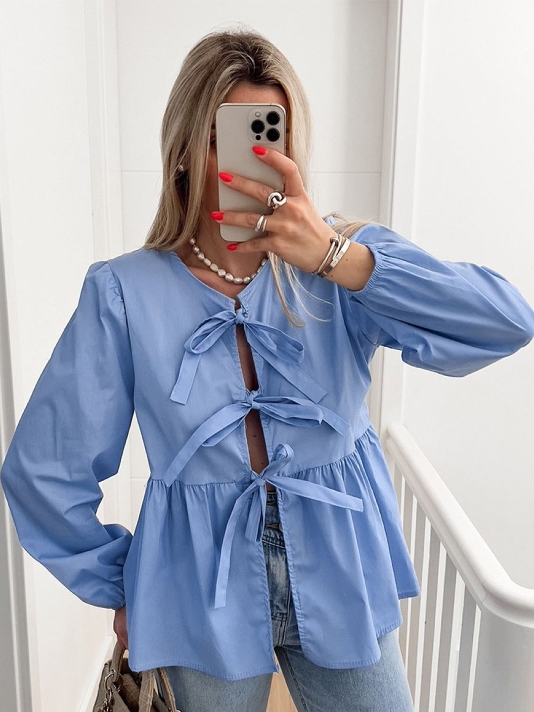 

StyleCast Tie-Up Neck Puff Sleeve Shirt Style Top, Blue