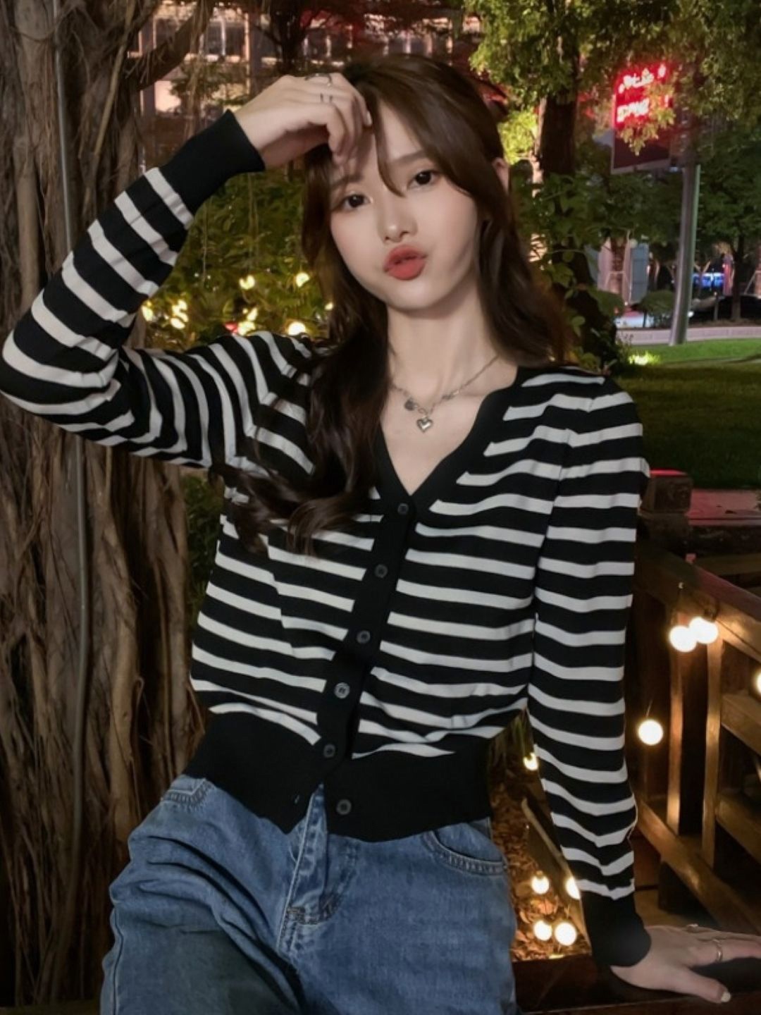 

HERE&NOW Women Striped V-Neck Top, Black