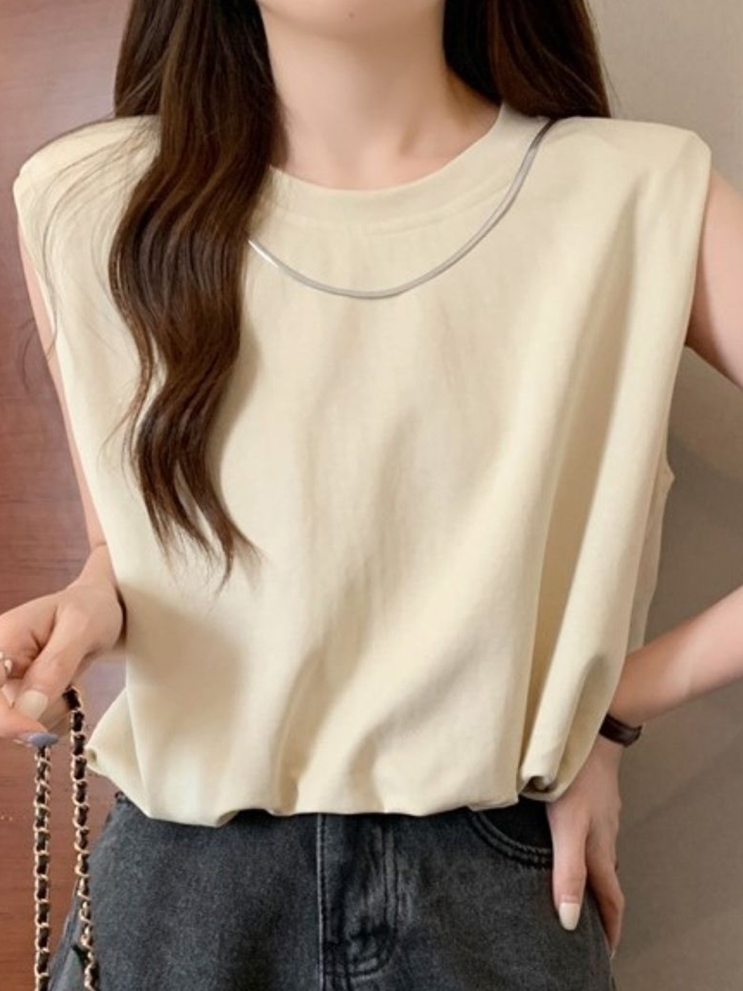 

HERE&NOW Women Round Neck Sleeveless Top, Cream